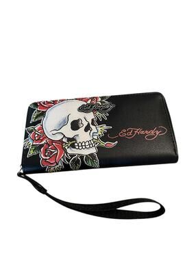 Ed Hardy Black Leather Wristlet with Skull and Roses Design